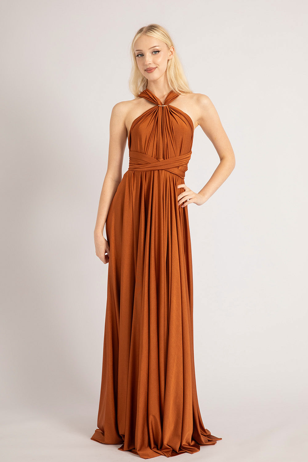 infinity dress auburn brown Luxe Satin Ballgown Multiway in Copper #bn408121-black Velvet infinity bridesmaid dresses Stony Brook Rustic Reclaimed Size:11.5 US