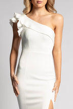 Naomi One Shoulder Ruffle Split Mermaid Formal Dress in Ivory