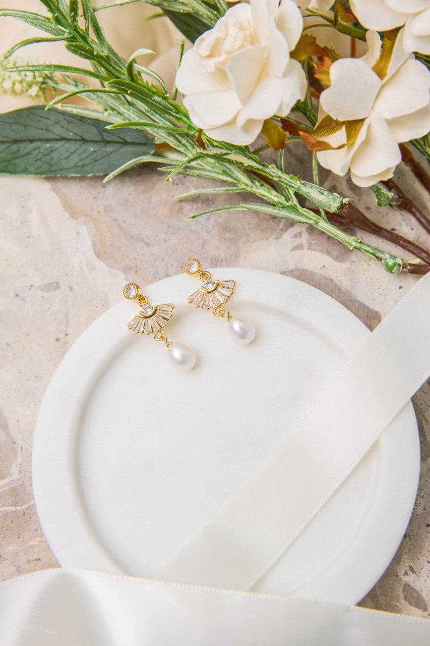 Clarissa Gold CZ and Pearl Fan Earrings 
