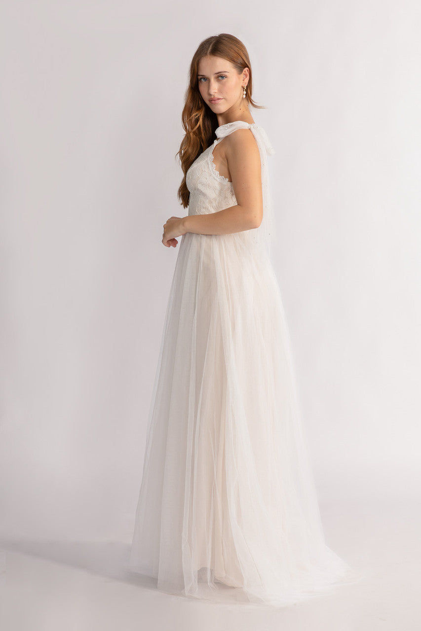 Anya Deep V Neck Sleeveless Lace Tulle Wedding Dress in Ivory