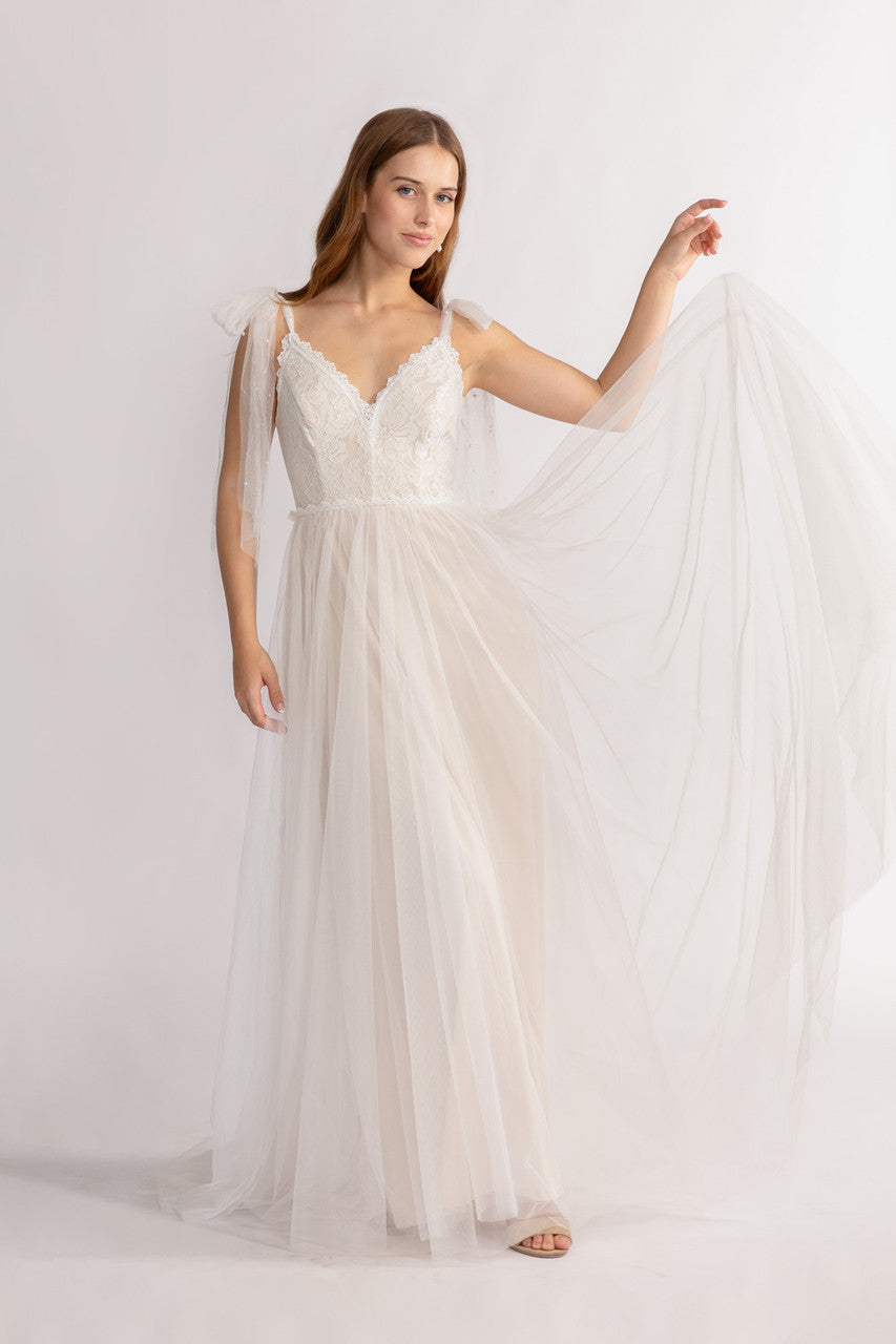 Anya Deep V Neck Sleeveless Lace Tulle Wedding Dress in Ivory