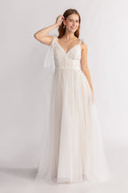 Anya Deep V Neck Sleeveless Lace Tulle Wedding Dress in Ivory