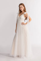 Anya Deep V Neck Sleeveless Lace Tulle Wedding Dress in Ivory