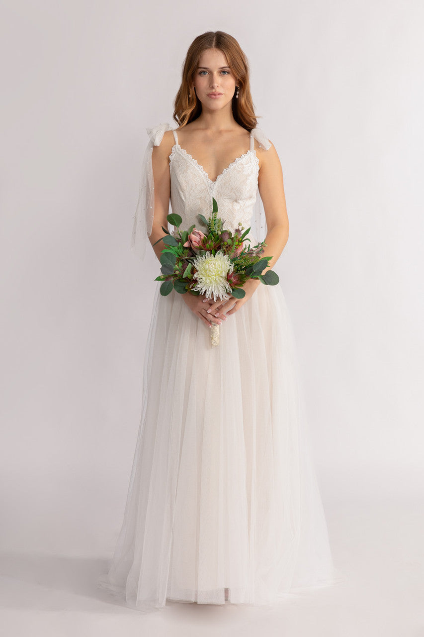 Anya Deep V Neck Sleeveless Lace Tulle Wedding Dress in Ivory