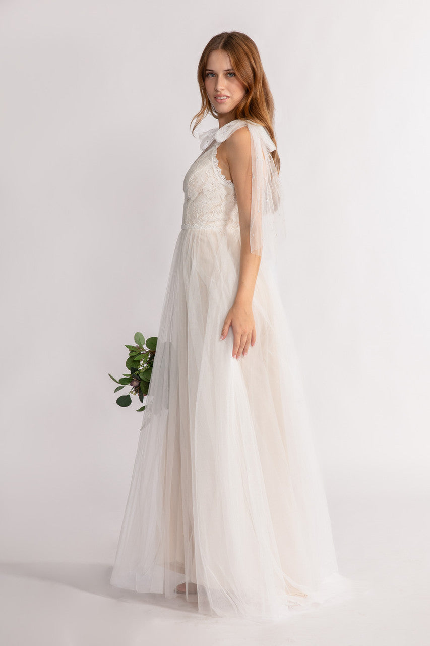 Anya Deep V Neck Sleeveless Lace Tulle Wedding Dress in Ivory