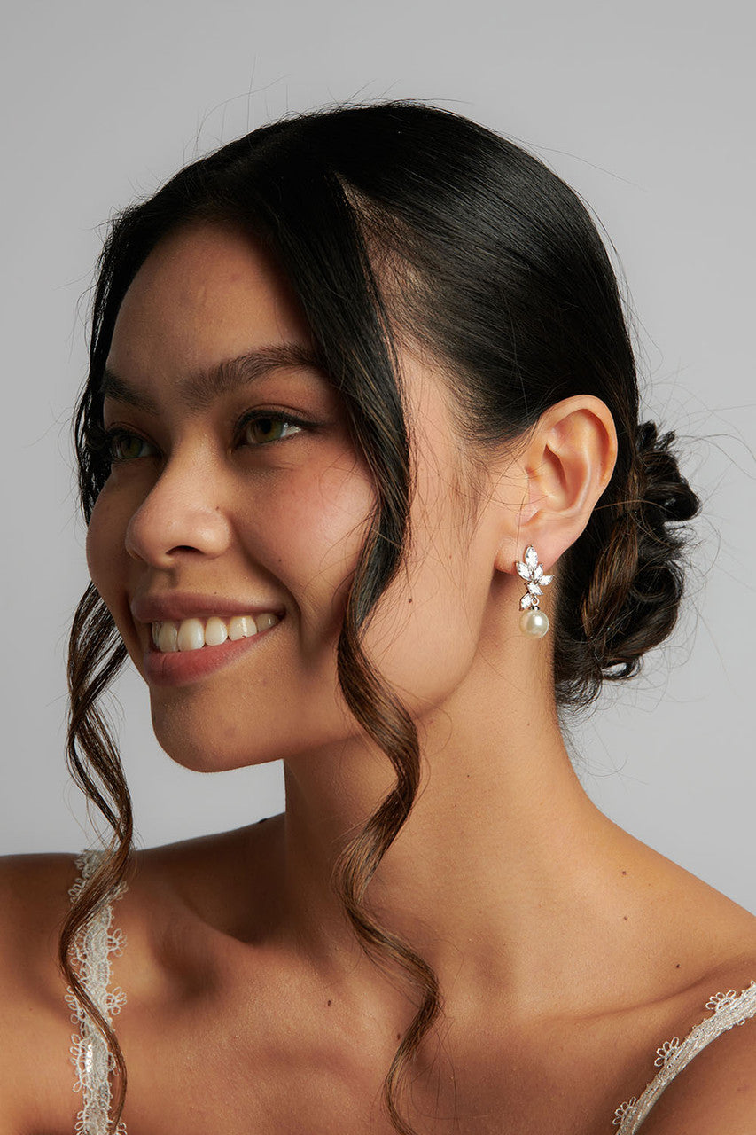 Caitlin Silver Pearl CZ Earrings