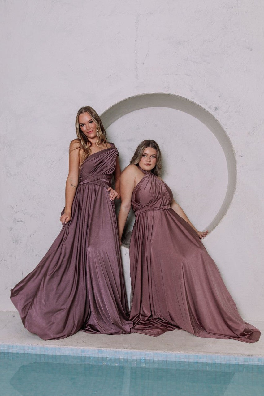 Luxe Satin Ballgown Multiway Infinity Dress in Dusty Mauve Model Chic Luxe Satin Ballgown Multiway Infinity Dress in Dusty Mauve Model Chic