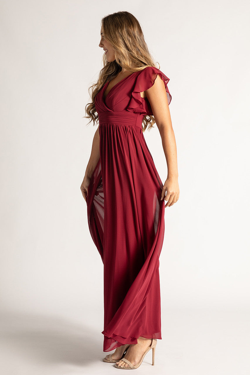 Clara Chiffon Sleeved Bridesmaids Dress In Burgundy