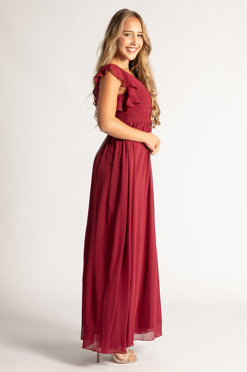 Clara Chiffon Sleeved Bridesmaids Dress In Burgundy