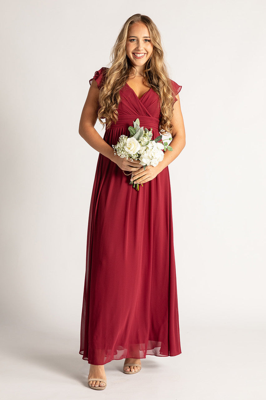 Clara Chiffon Sleeved Bridesmaids Dress In Burgundy
