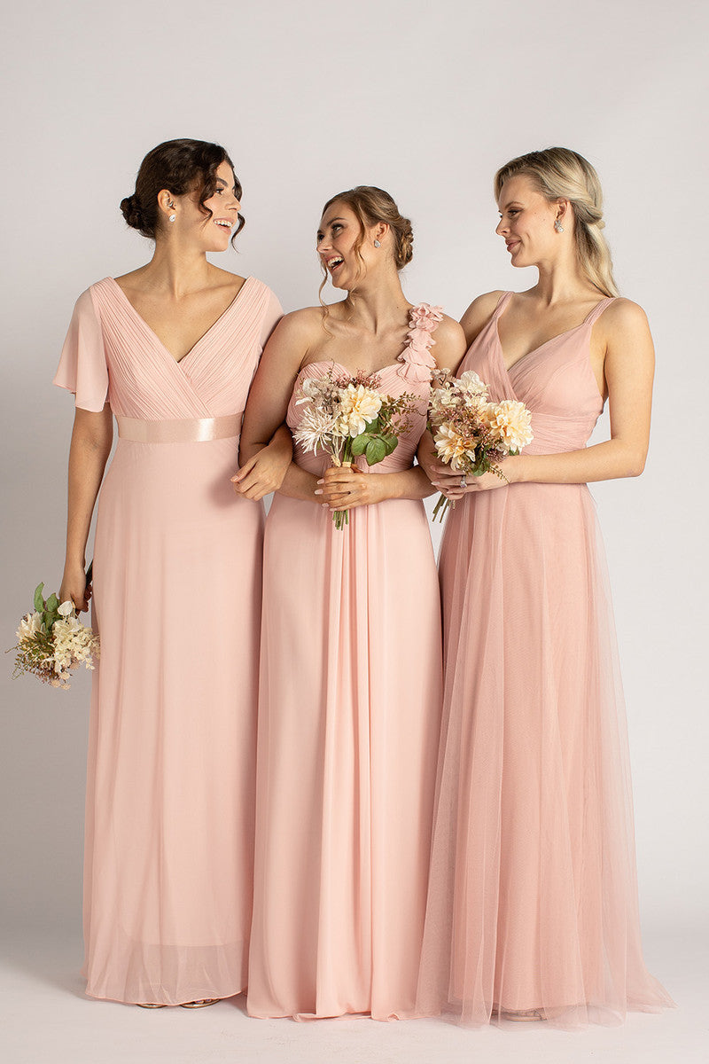 Evelyn Chiffon Short Sleeved Bridesmaid Dress in Light Pink