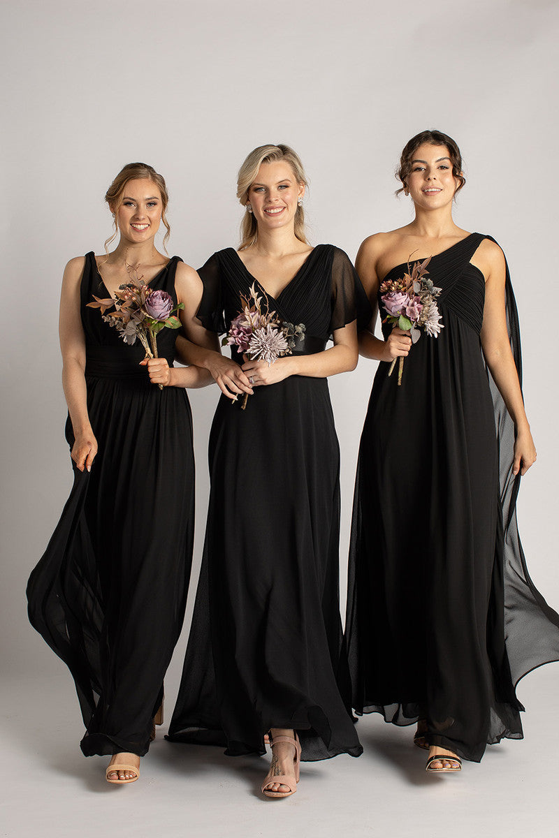 Evelyn Chiffon Short Sleeved Bridesmaid Dress in Black