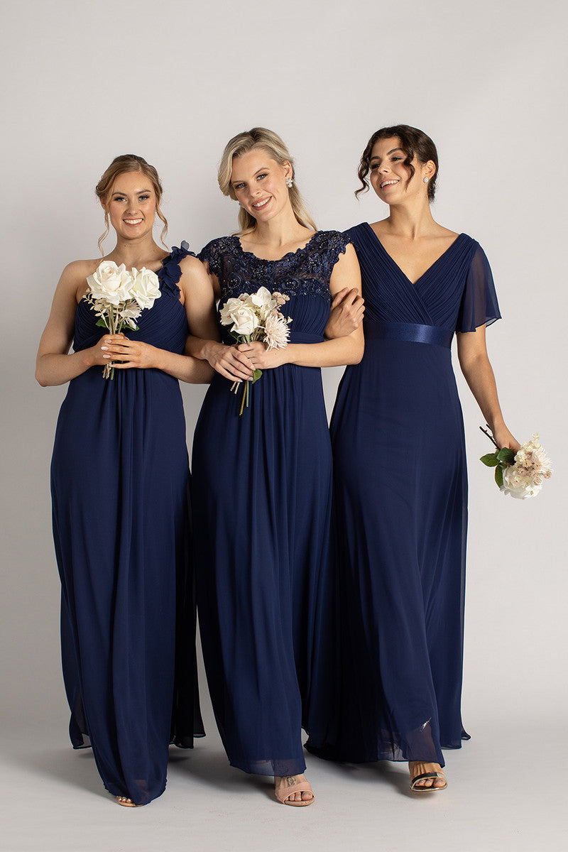 Evelyn Chiffon Short Sleeved Bridesmaid Dress in Navy