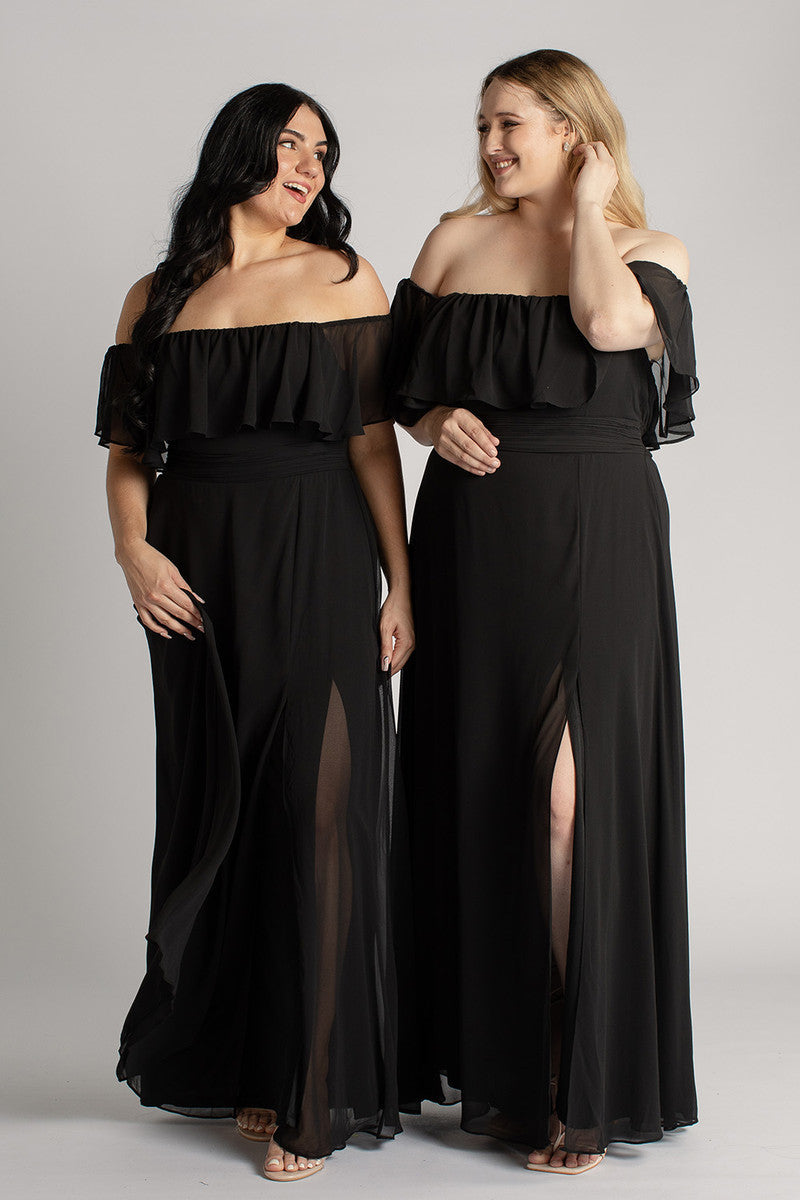 Isabelle Off Shoulder Flowy Bridesmaids Dress in Black