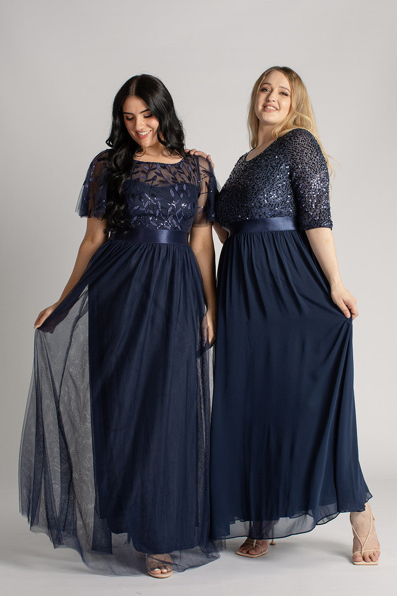 Kailyn Short Sleeved Tulle Sequins Formal Dress in Navy