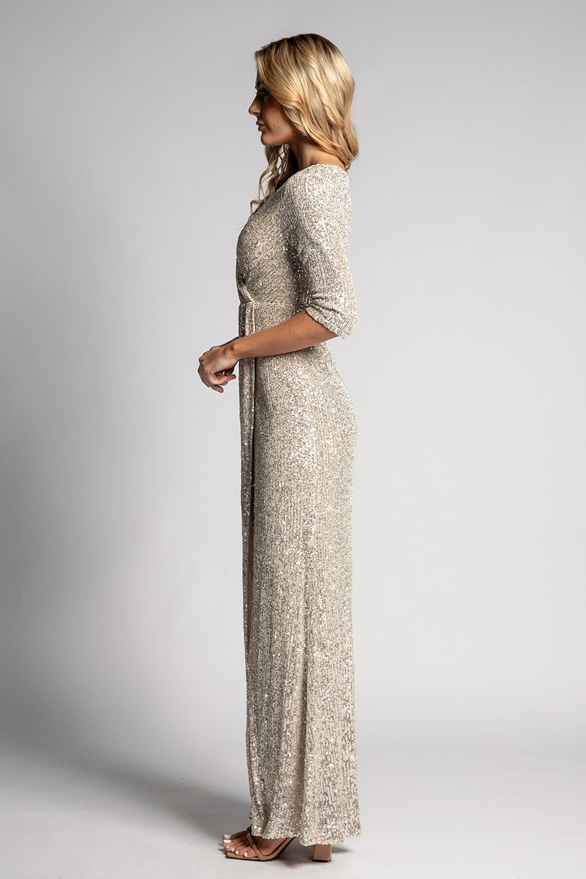 Eileen Long Sleeved Split Sequins Formal Dress in Champagne