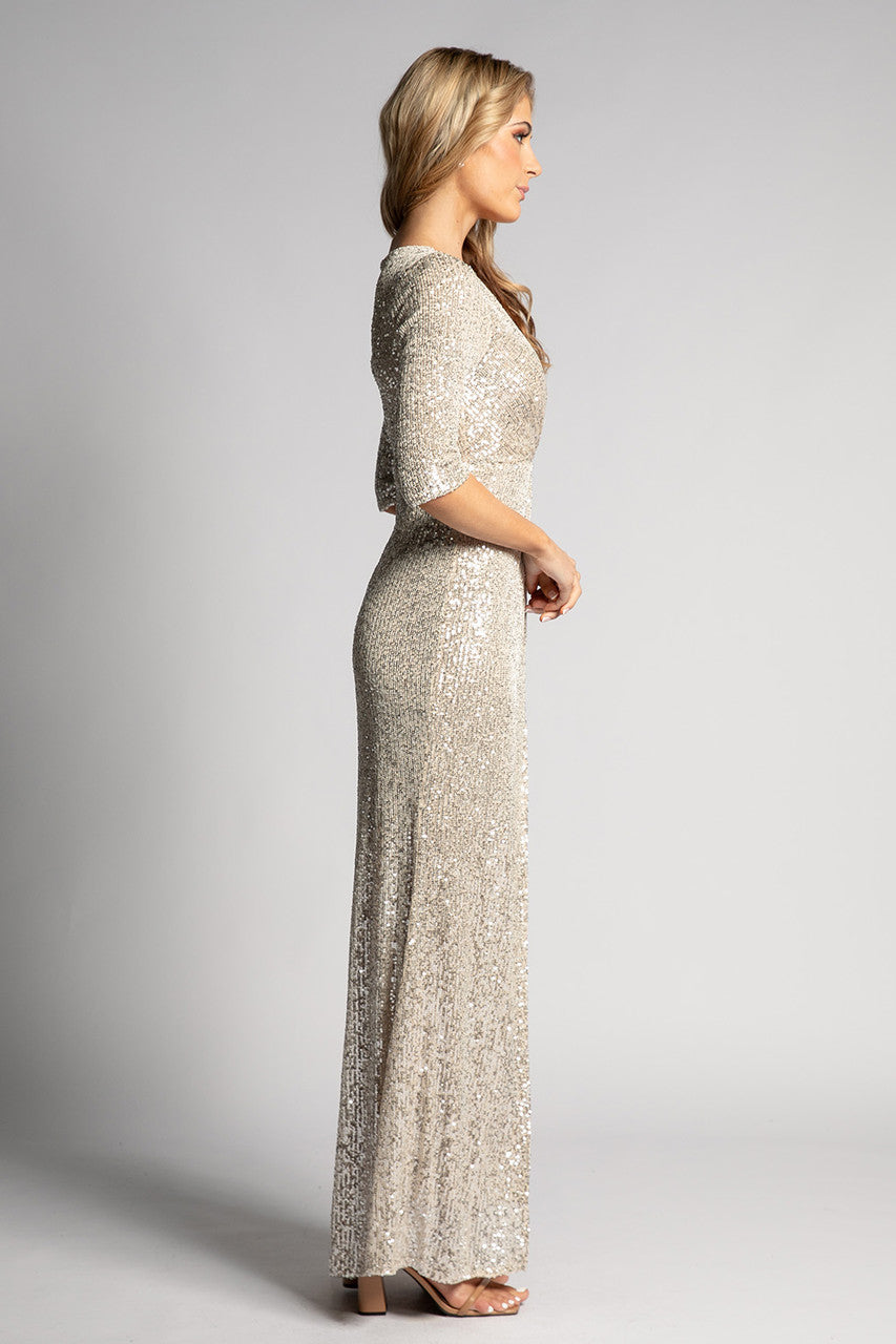 Eileen Long Sleeved Split Sequins Formal Dress in Champagne