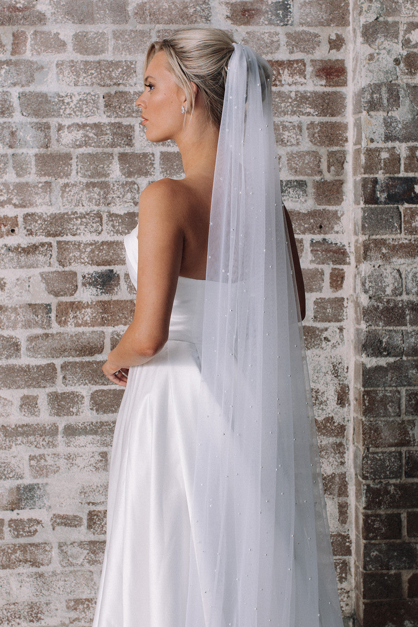 Ella Tulle & Pearl Wedding Veil - Long - white