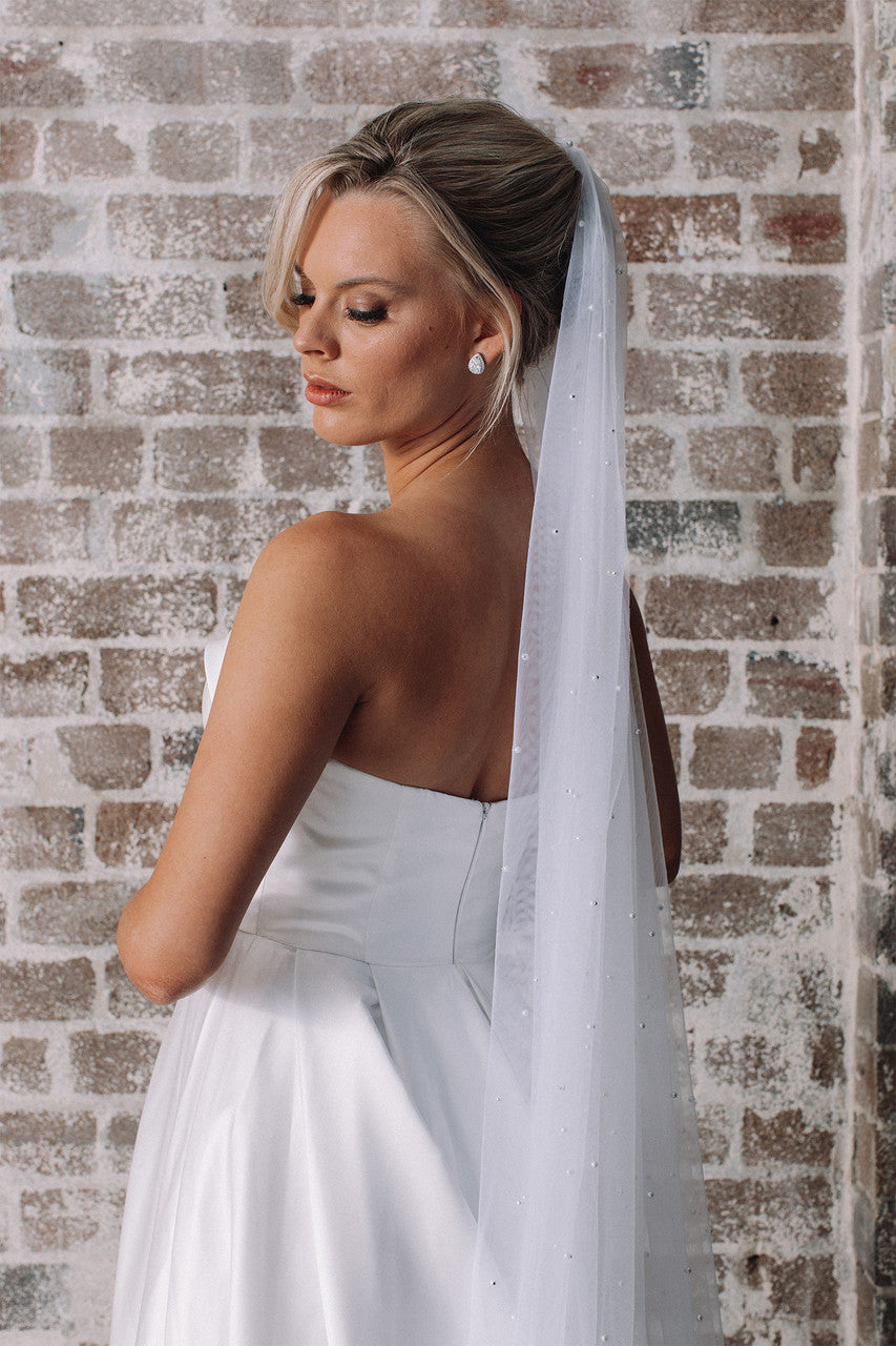 Ella Tulle & Pearl Wedding Veil - Long - white
