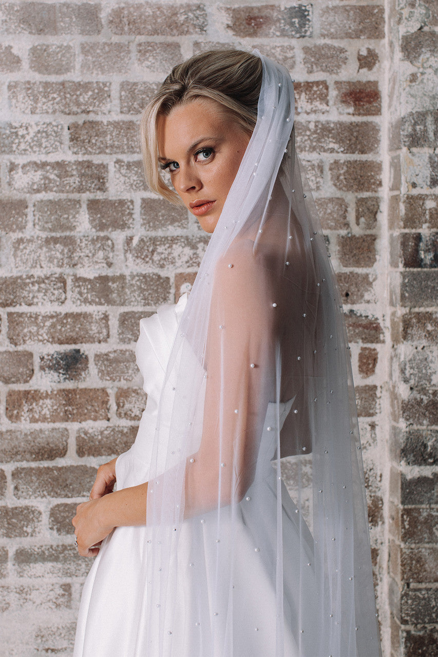 Ella Tulle & Pearl Wedding Veil - Long - Ivory