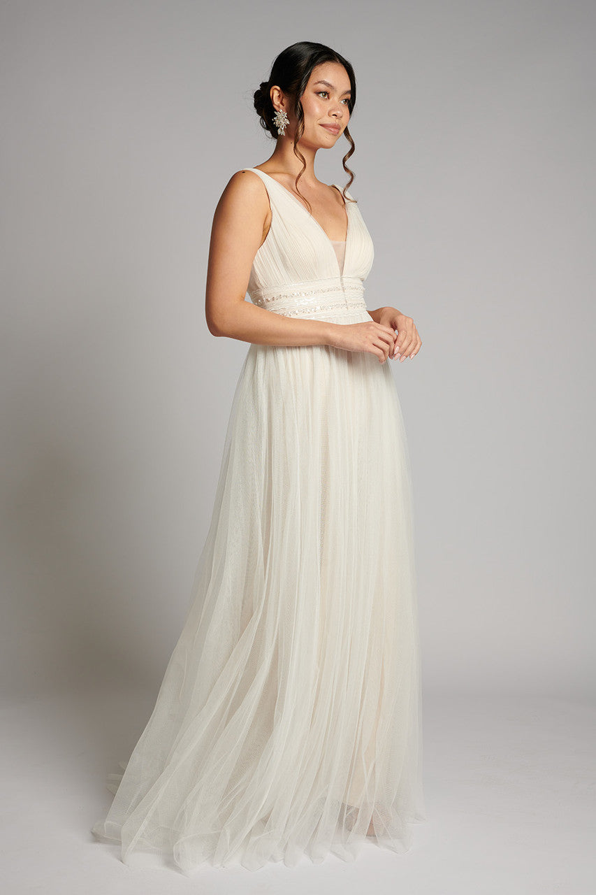 Elodie Embellished Pearl Tulle Wedding Dress In Champagne Ivory