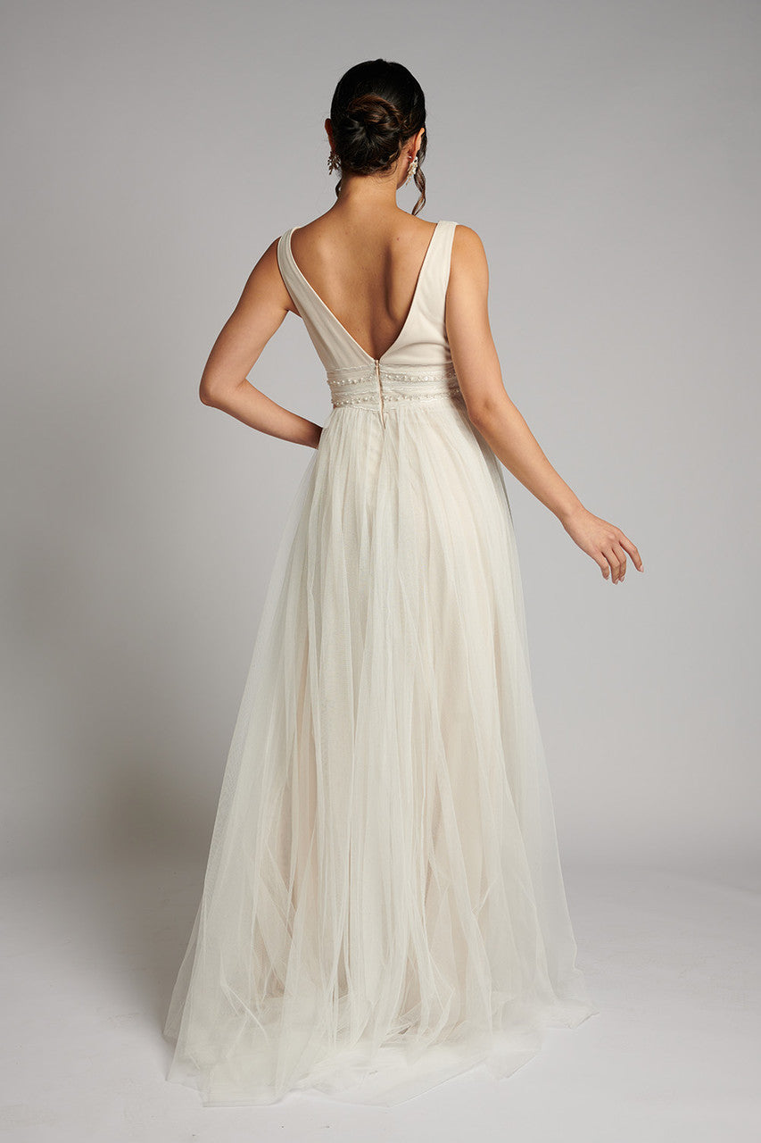 Elodie Embellished Pearl Tulle Wedding Dress In Champagne Ivory