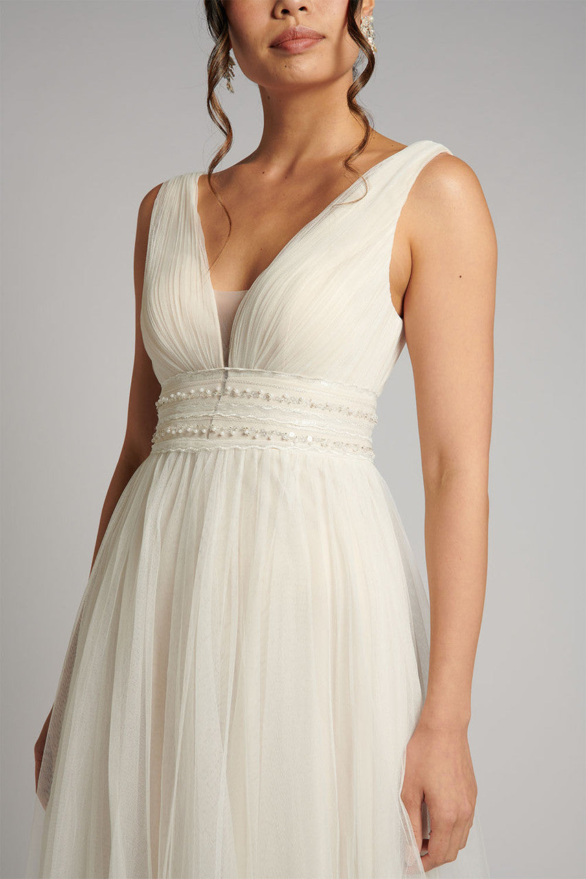 Elodie Embellished Pearl Tulle Wedding Dress In Champagne Ivory