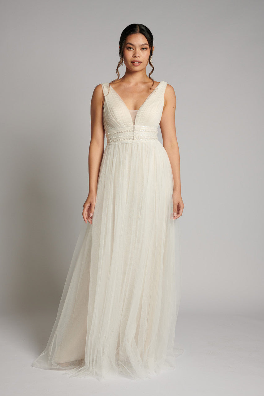 Elodie Embellished Pearl Tulle Wedding Dress In Champagne Ivory