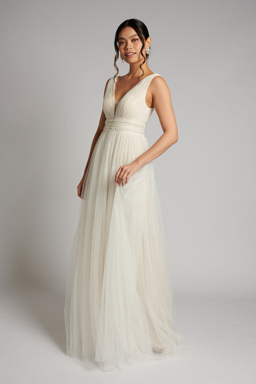 Elodie Embellished Pearl Tulle Wedding Dress In Champagne Ivory