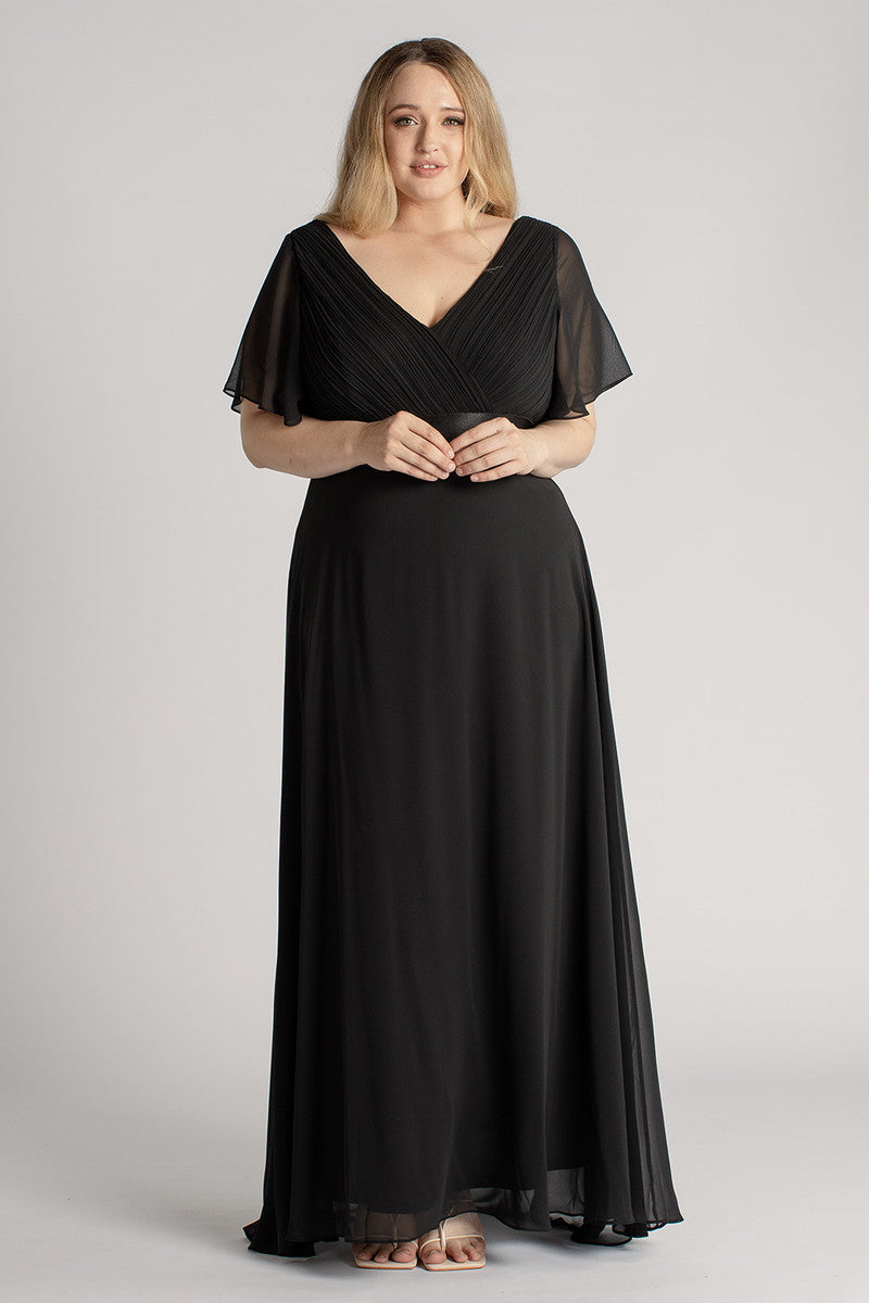 Evelyn Chiffon Short Sleeved Bridesmaid Dress in Black