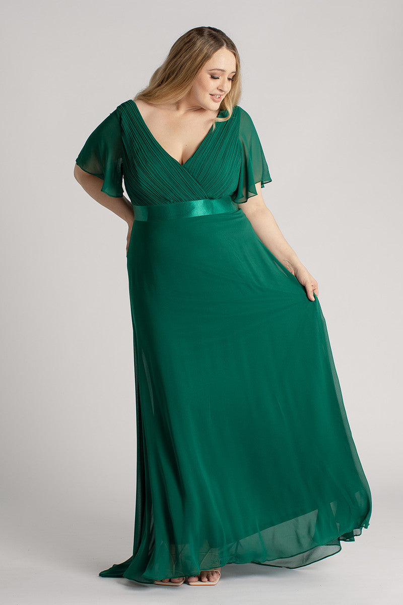 Evelyn Chiffon Short Sleeved Bridesmaid Dress in Emerald Green