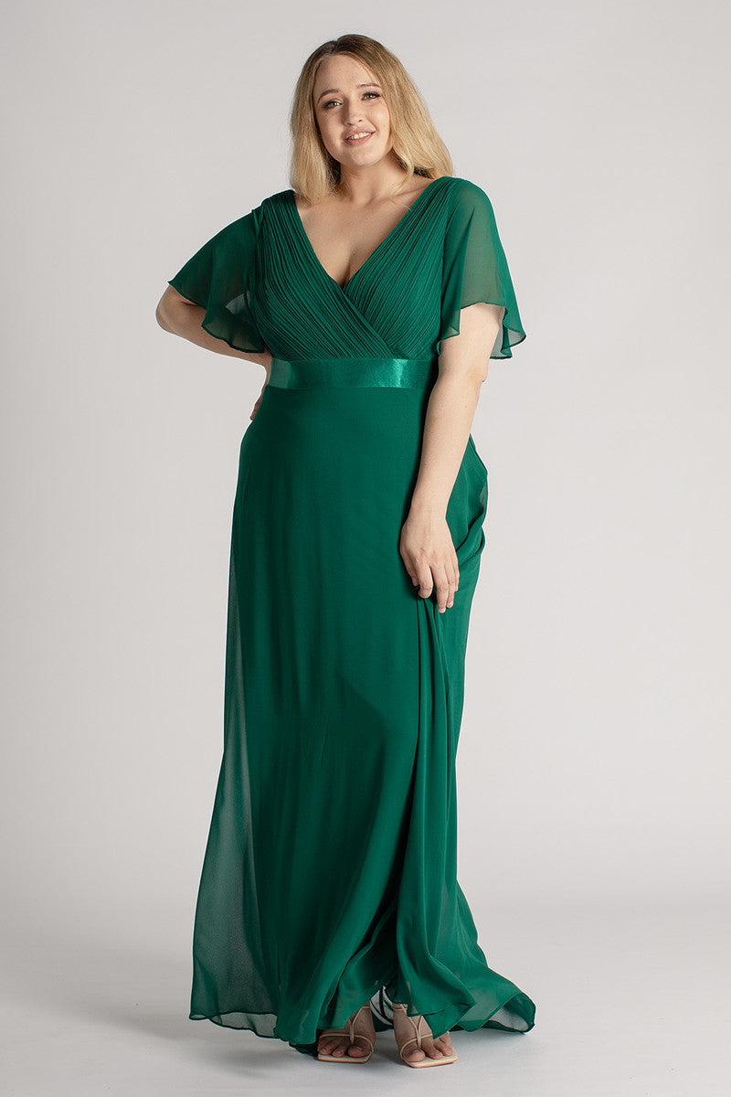 Evelyn Chiffon Short Sleeved Bridesmaid Dress in Emerald Green