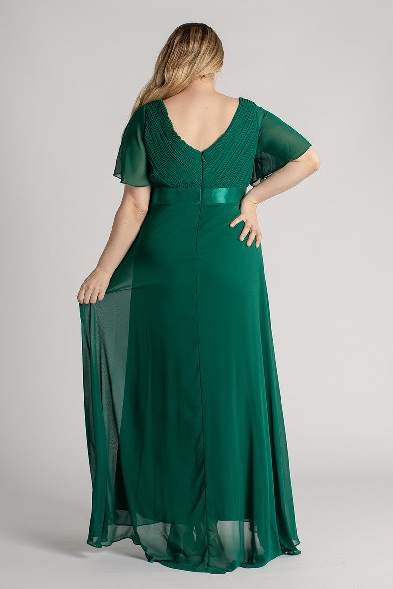 Evelyn Chiffon Short Sleeved Bridesmaid Dress in Emerald Green