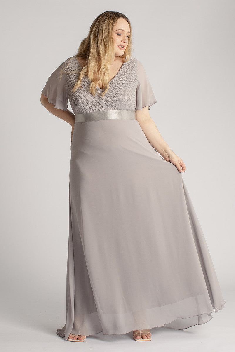 Evelyn Chiffon Short Sleeved Bridesmaid Dress in Grey