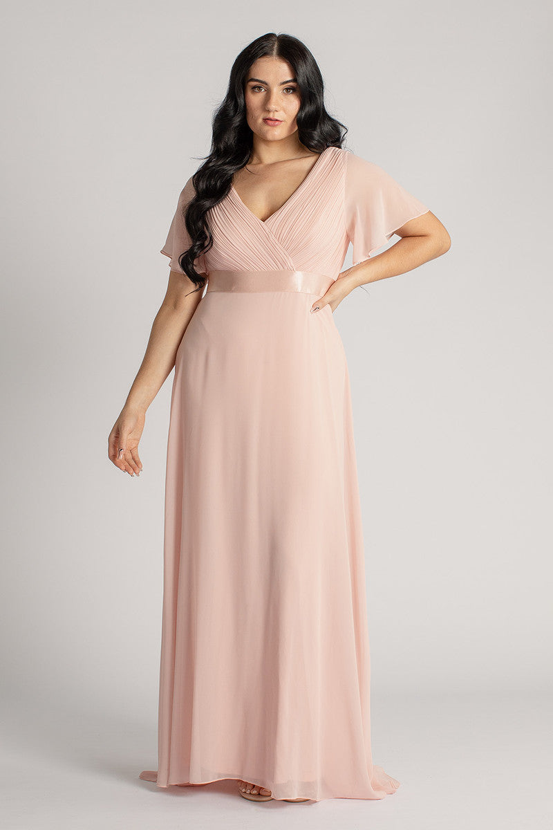Evelyn Chiffon Short Sleeved Bridesmaid Dress in Light Pink