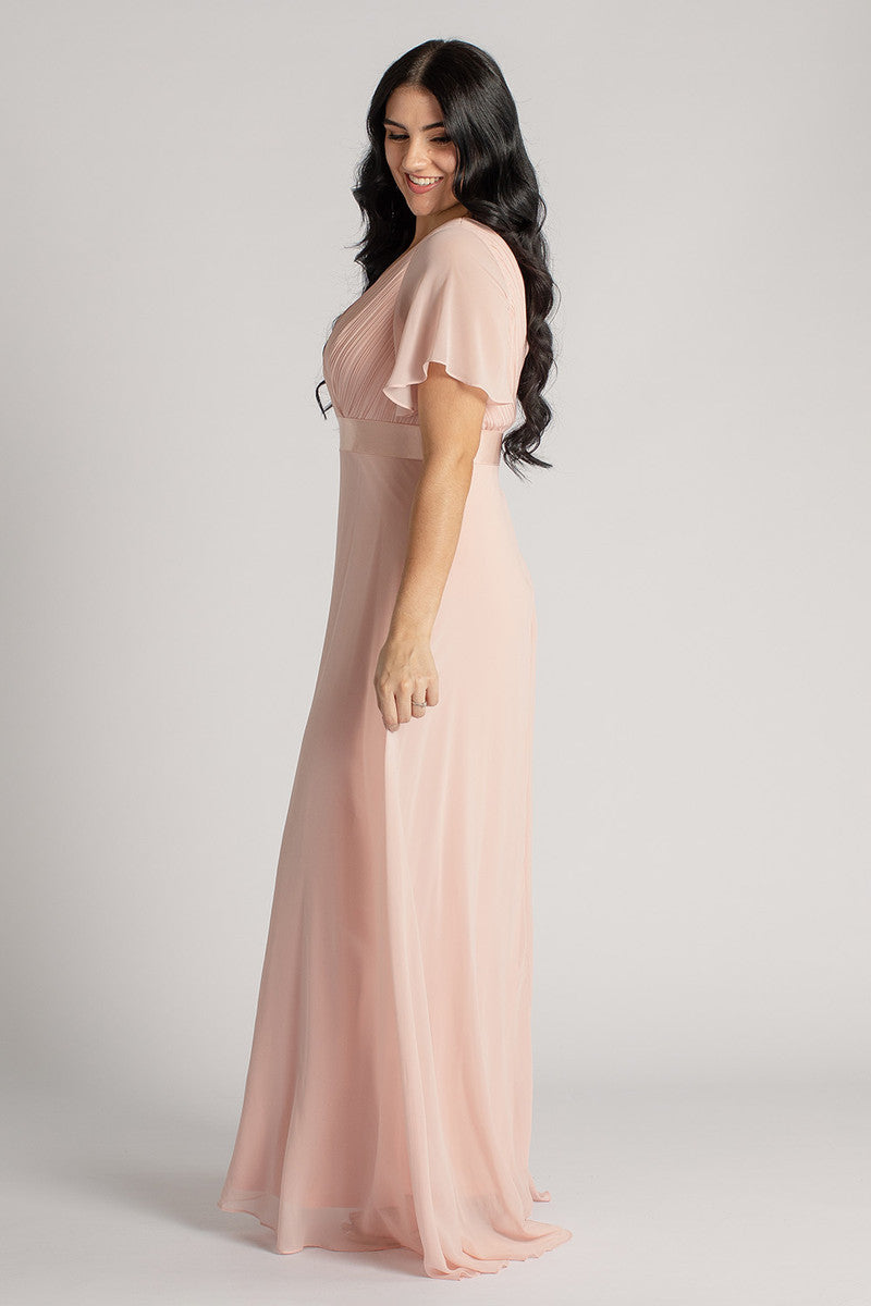 Evelyn Chiffon Short Sleeved Bridesmaid Dress in Light Pink