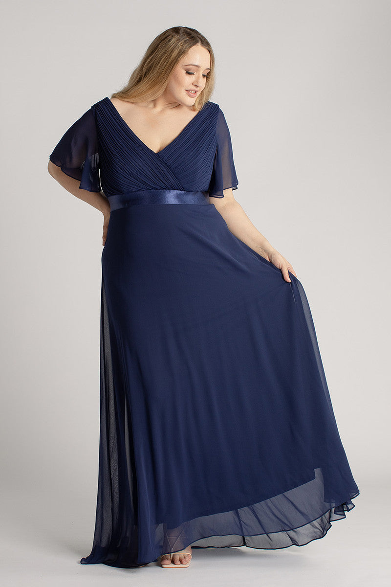 Evelyn Chiffon Short Sleeved Bridesmaid Dress in Navy