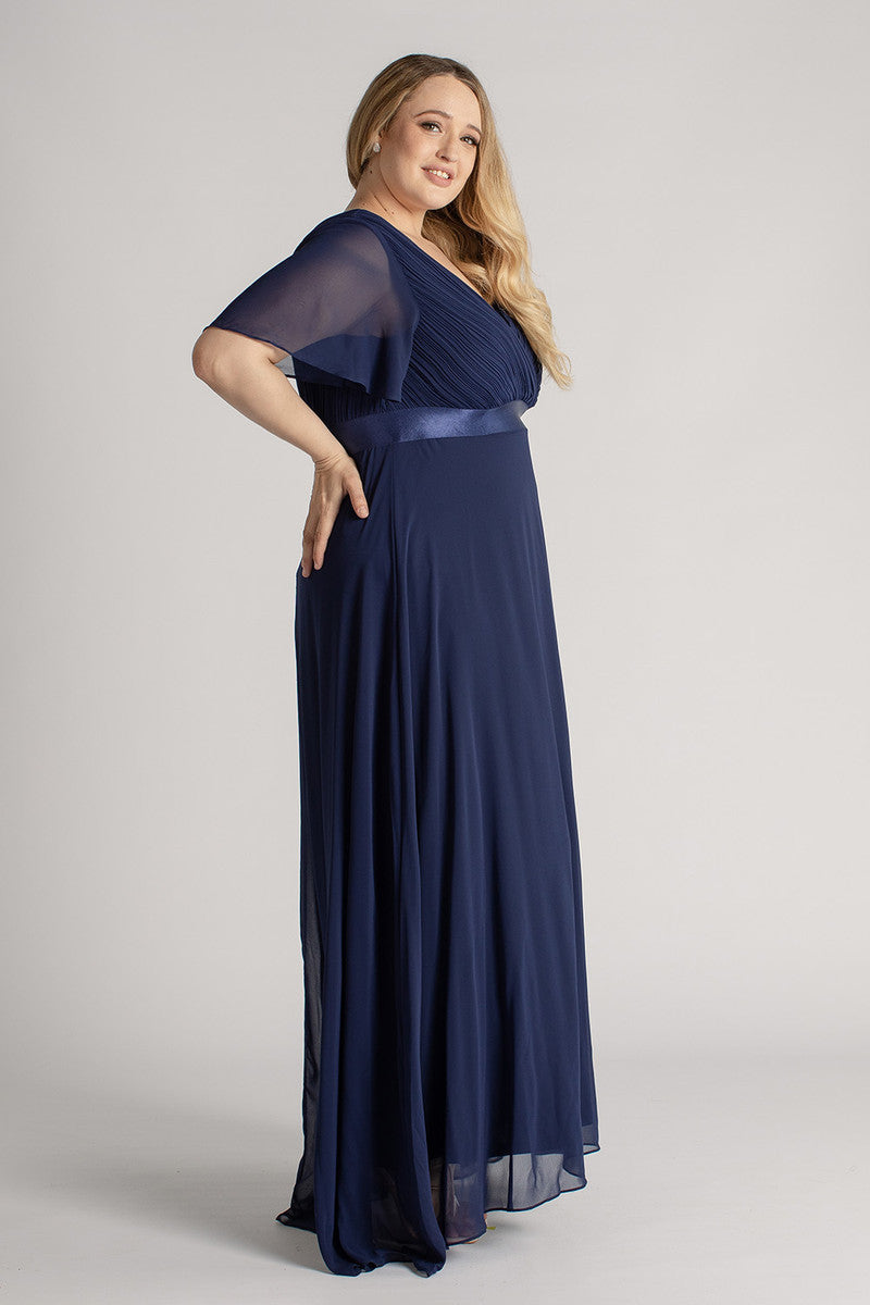 Evelyn Chiffon Short Sleeved Bridesmaid Dress in Navy