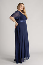 Evelyn Chiffon Short Sleeved Bridesmaid Dress in Navy