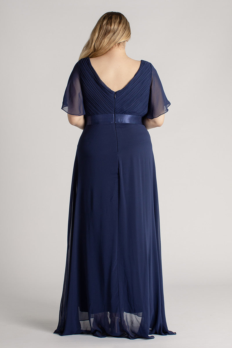Evelyn Chiffon Short Sleeved Bridesmaid Dress in Navy