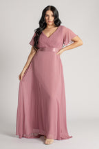 Evelyn Chiffon Short Sleeved Bridesmaid Dress in Plum
