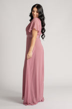 Evelyn Chiffon Short Sleeved Bridesmaid Dress in Plum