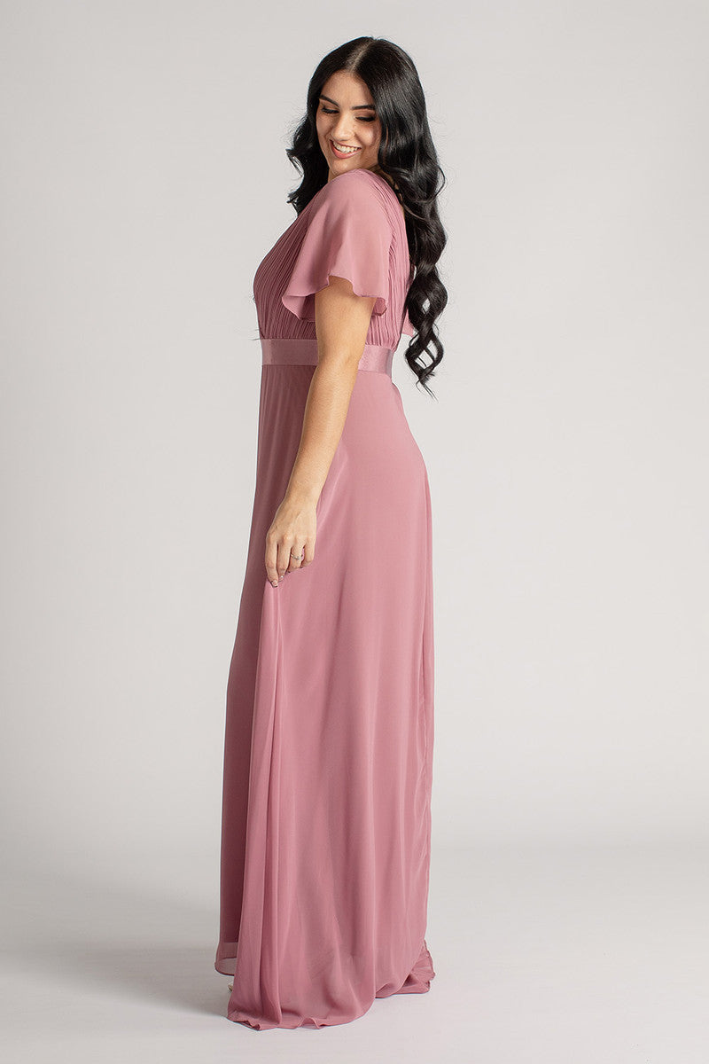 Evelyn Chiffon Short Sleeved Bridesmaid Dress in Plum