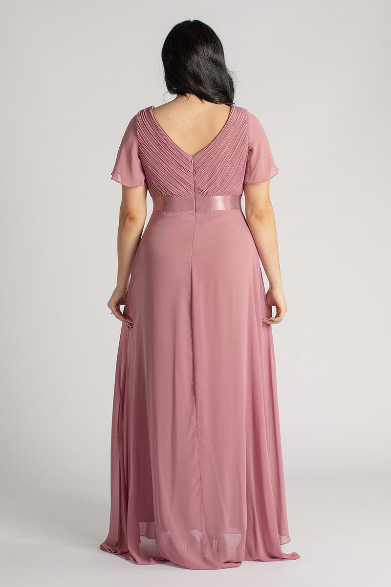 Evelyn Chiffon Short Sleeved Bridesmaid Dress in Plum