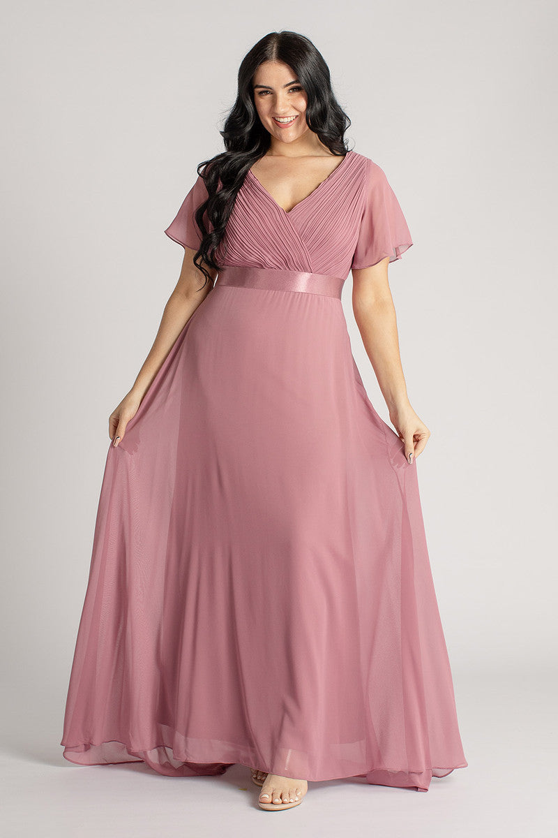 Evelyn Chiffon Short Sleeved Bridesmaid Dress in Plum