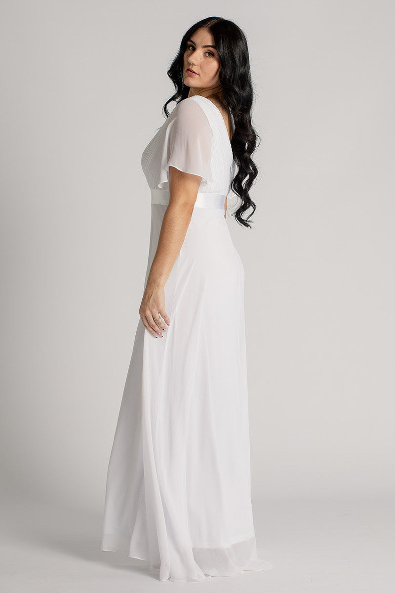 Evelyn Chiffon Short Sleeved Bridesmaid Dress in White