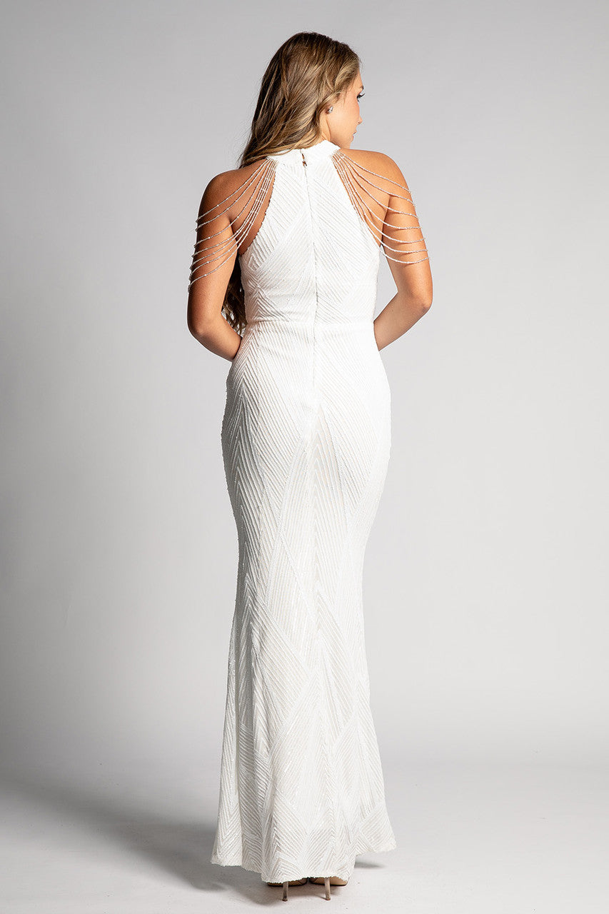 Freya Halter Neck Beaded Formal Dress in White