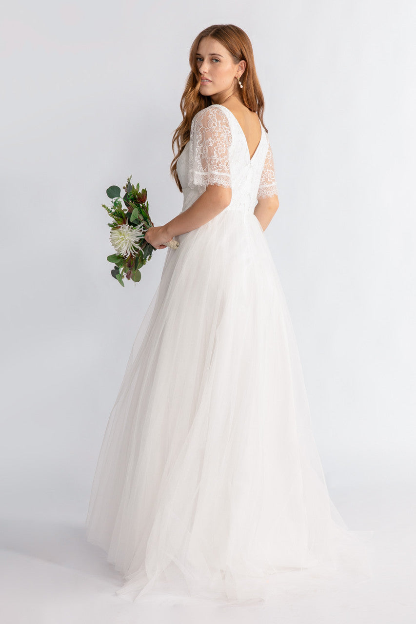 Grace A-line lace Sleeve V neck Wedding Dress in Ivory
