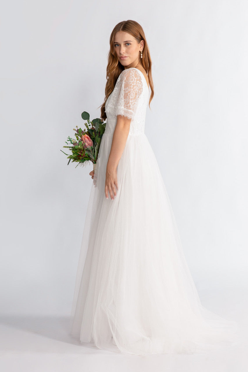 Grace A-line lace Sleeve V neck Wedding Dress in Ivory
