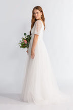 Grace A-line lace Sleeve V neck Wedding Dress in Ivory